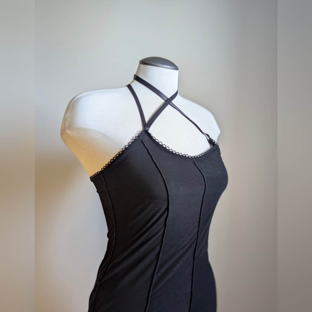 Y2K Black Halter Neck Midi Dress Strap 2000s Bodycon Party Cocktail Raw Edge - Picture 4 of 15